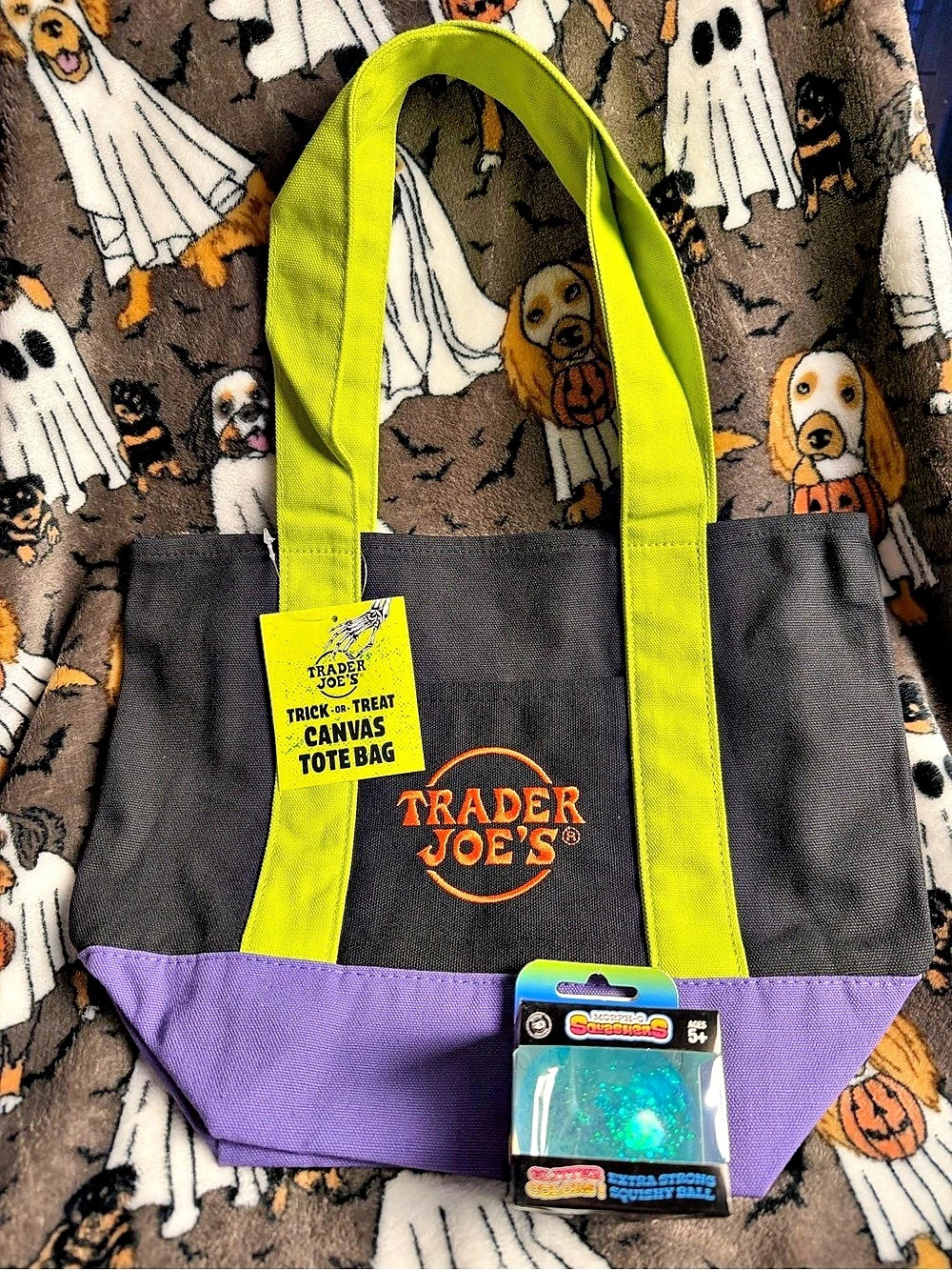 New 2026 Trader Joe's Trick-or-Treat Canvas Tote Bag Black & Purple Plus Bonus S